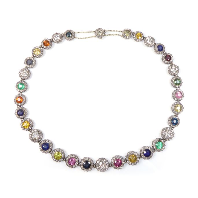 Graduated vari-coloured gem and diamond cluster necklace | MasterArt